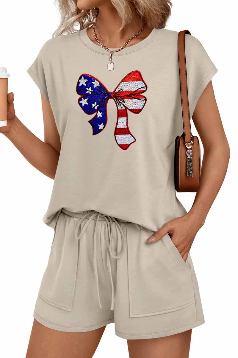 America Bow Tee Shorts Set Patriotic Independence Day Outfit