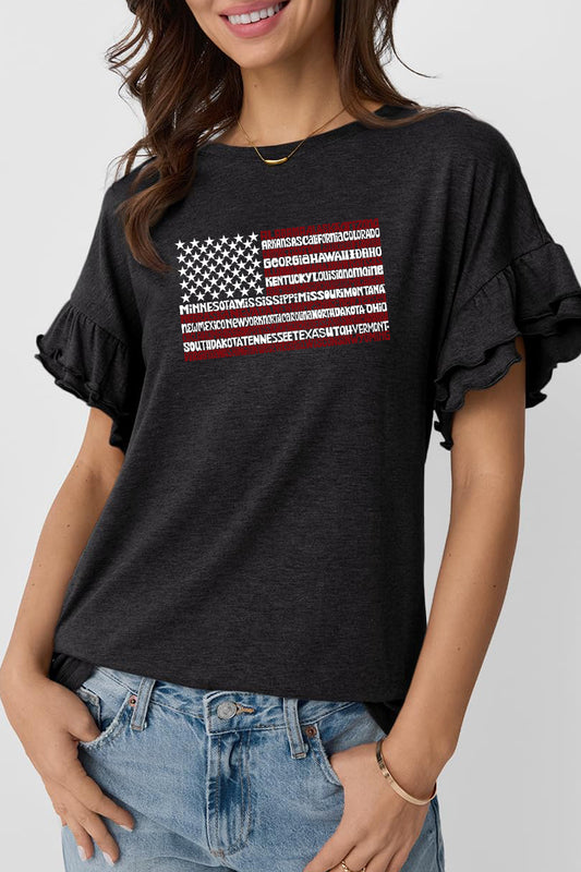 American Flag Graphic Tee Patriotic Ruffle Sleeve Top