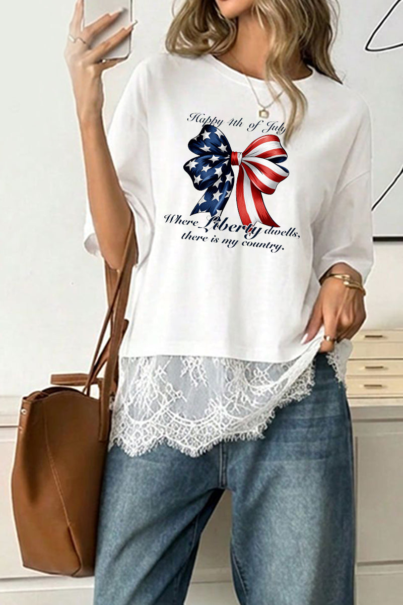 Patriotic Polyester Tee USA Bow 4th July Independence Top