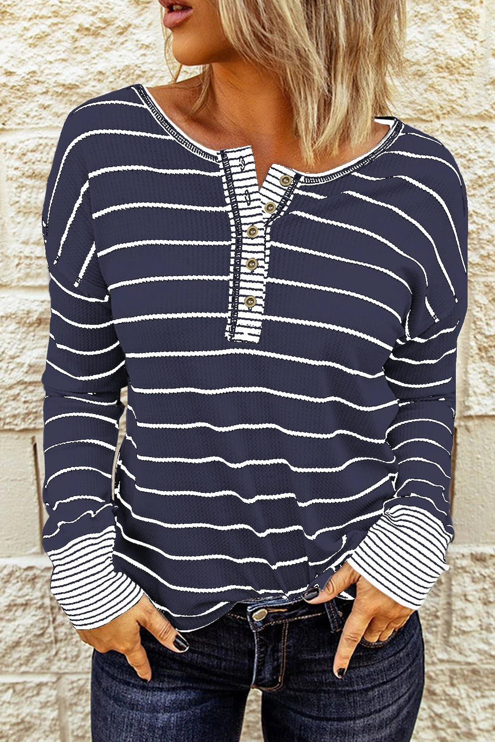 Striped Color Block Buttoned Waffle Knit Shirt