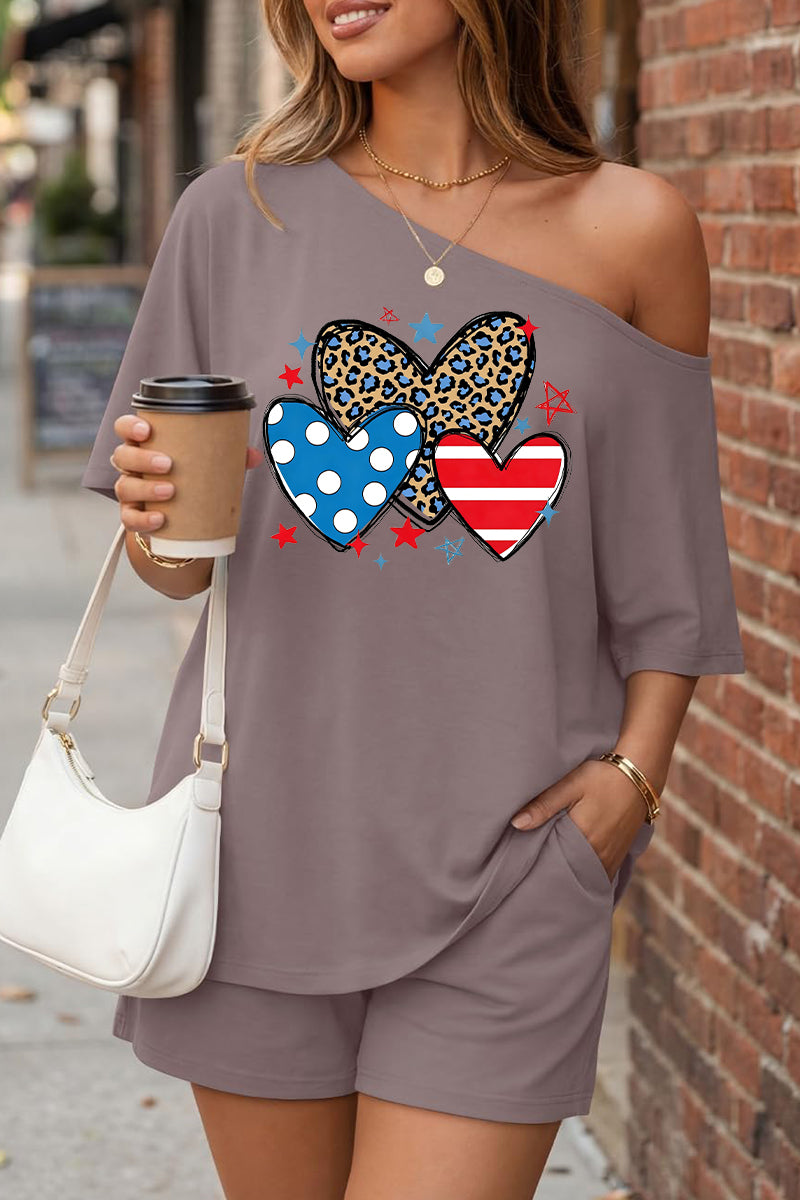 Independence Day Heart Print Off Shoulder Summer Set