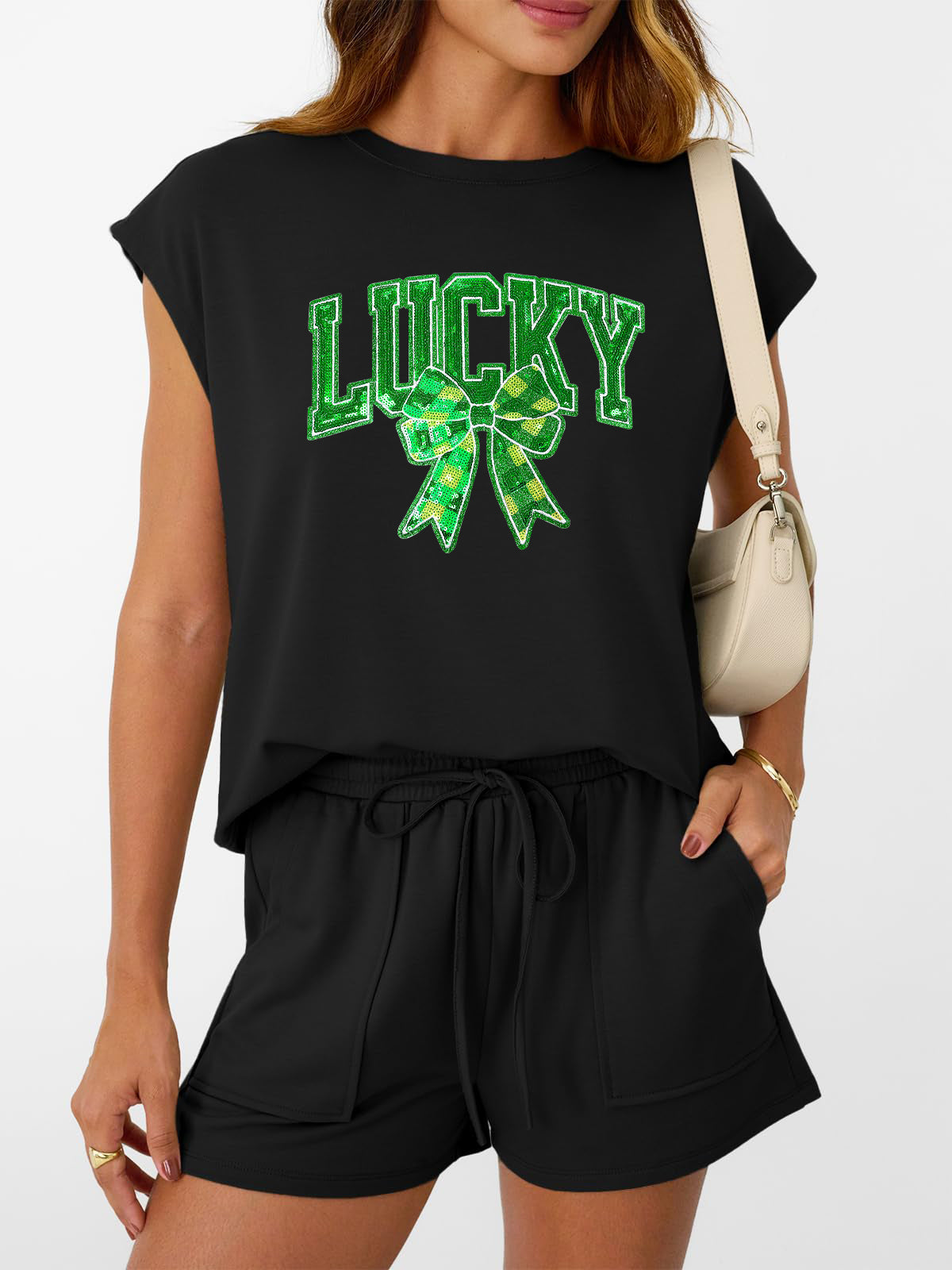 St Patricks Day Lucky Sequin Bow Two Piece Set