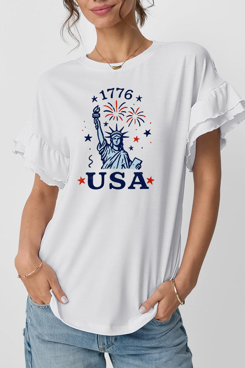 Patriotic Cotton Tee USA Graphic Ruffle Sleeve Top