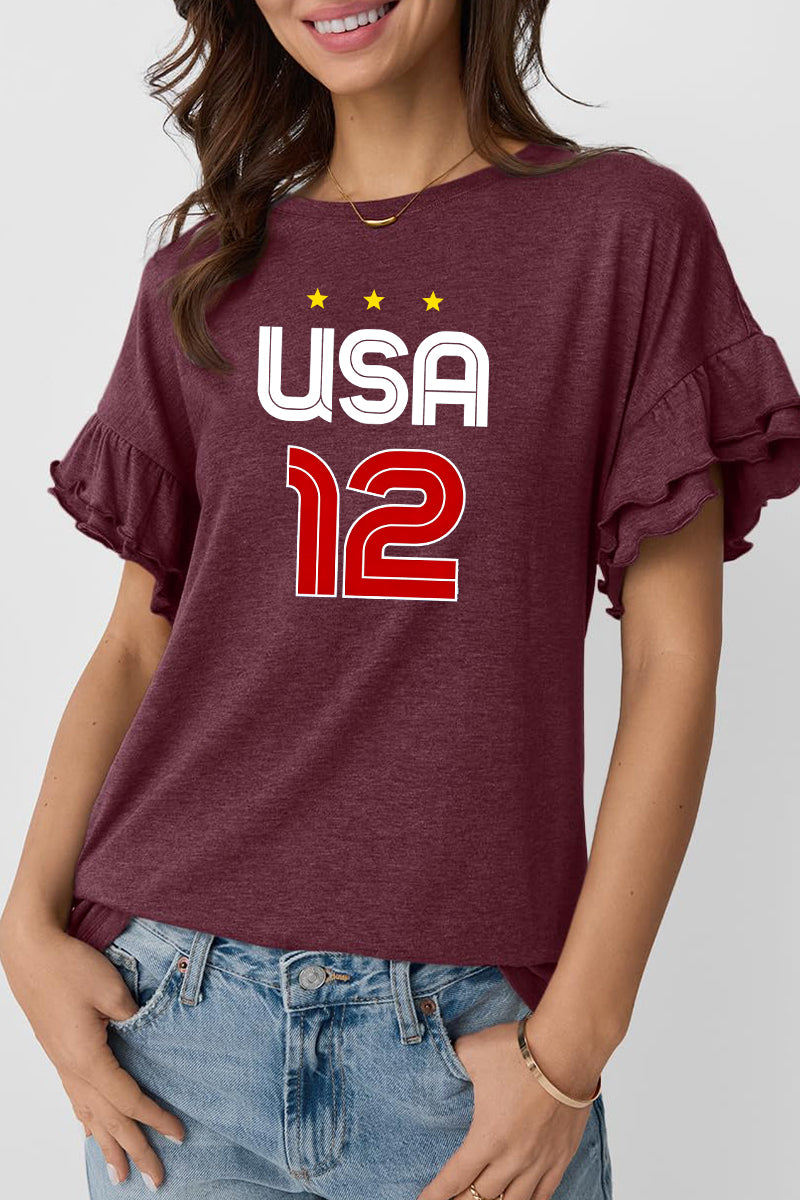 Graphic Cotton T Shirt USA Soccer Ruffle Sleeve Tee