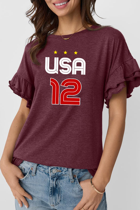 Graphic Cotton T Shirt USA Soccer Ruffle Sleeve Tee