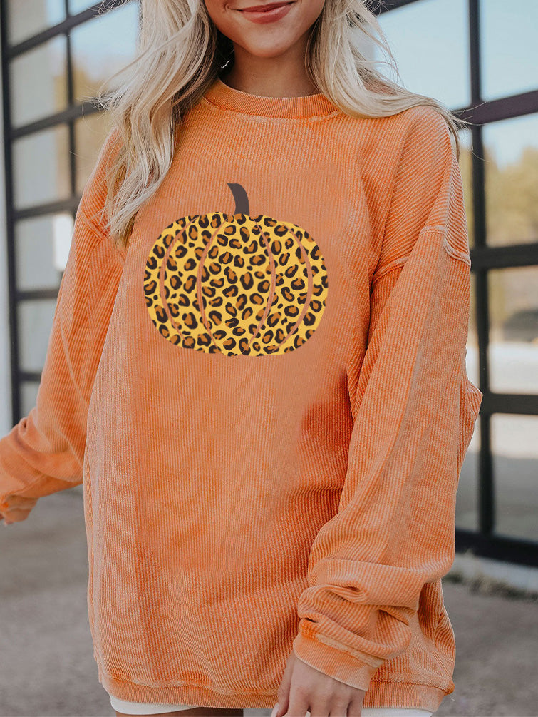 Halloween Pumpkin Leopard Print Fall Long Sleeve Sweatshirt