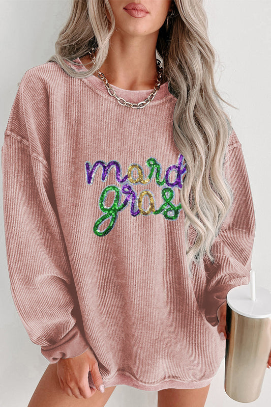 Mardi Gras Sequin Graphic Washed Pullover Sweatshirt