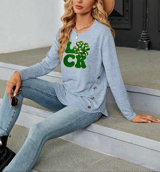 St Patricks Day Lucky Clover Graphic Long Sleeve Top