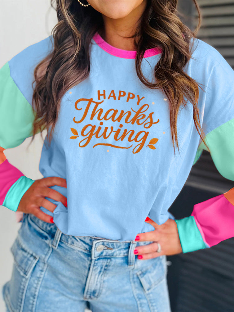 Thanksgiving Day Color Block Long Sleeve Graphic Top