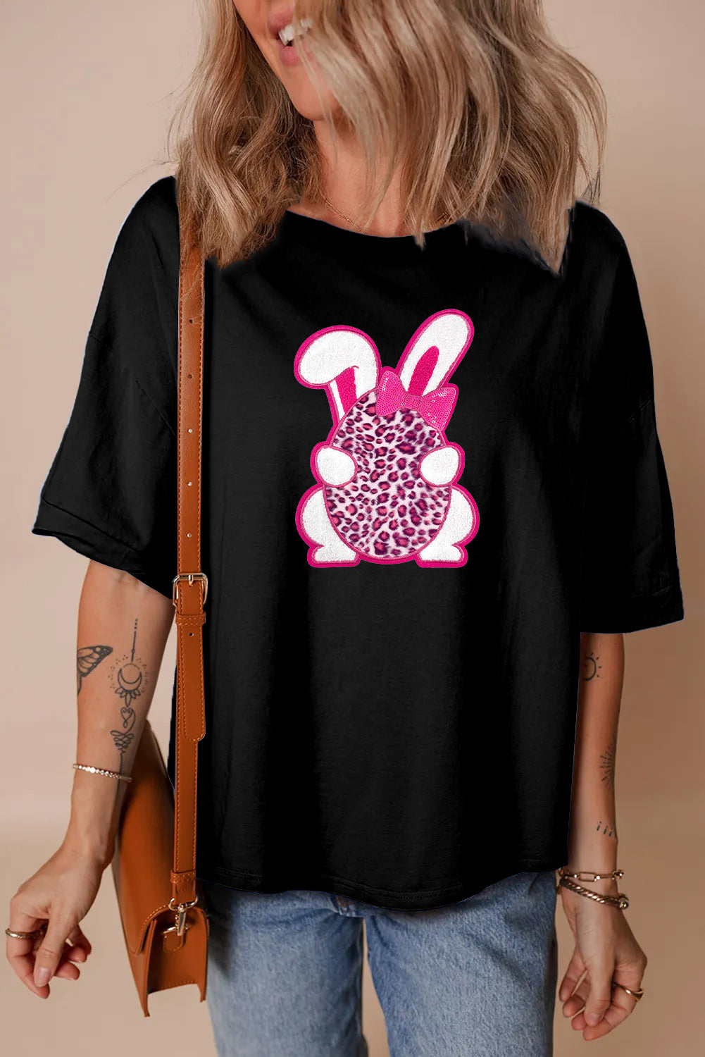 Easter Pink Bow Bunny Graphic Tee Casual Spring Womens Top