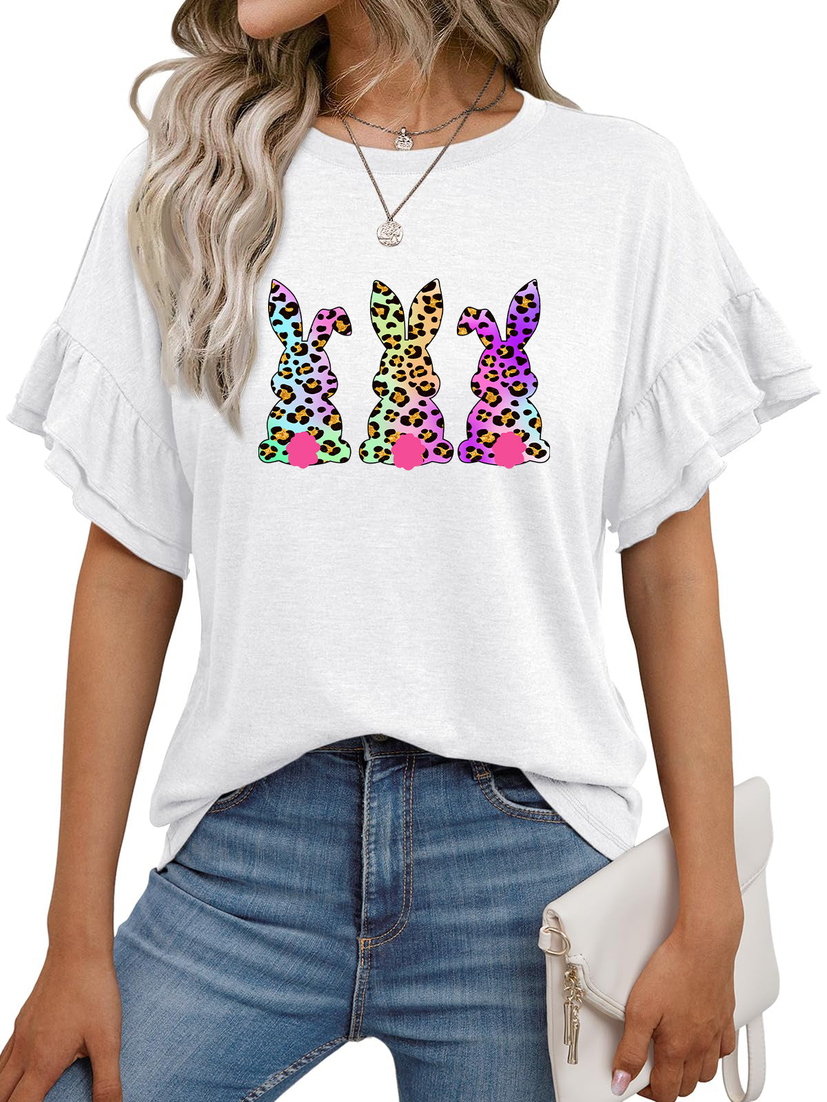Easter Floral Bunny Graphic Ruffle Sleeve T Shirt