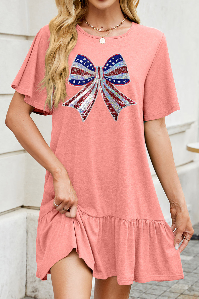 USA Bow Graphic Ruffle Hem Loose Fit Short Sleeve Dress