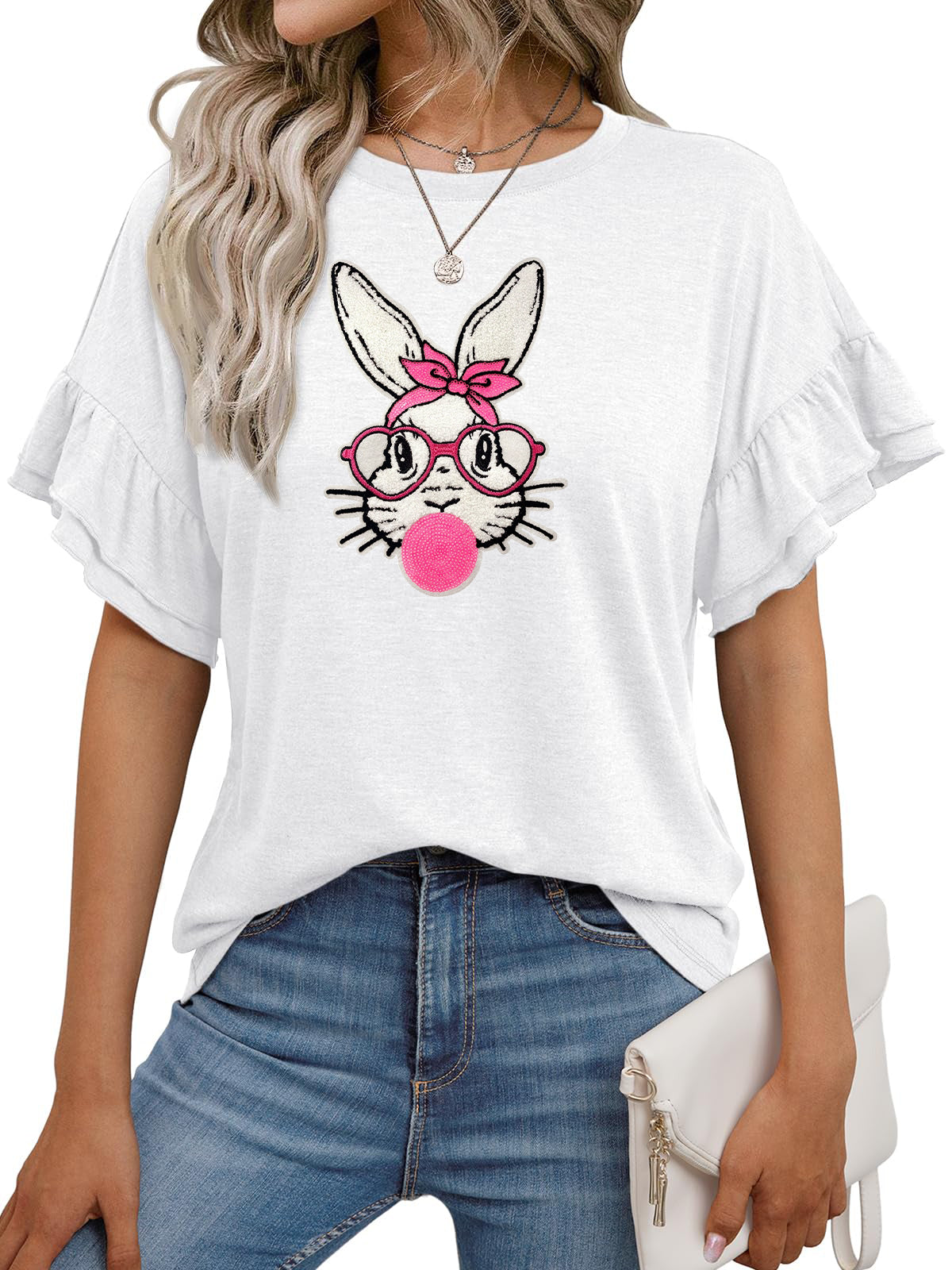 Easter Bunny Floral Graphic Ruffle Sleeve T Shirt