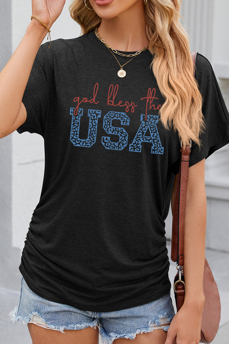 Script USA Letter Graphic 4th of July Casual Patriotic Tee