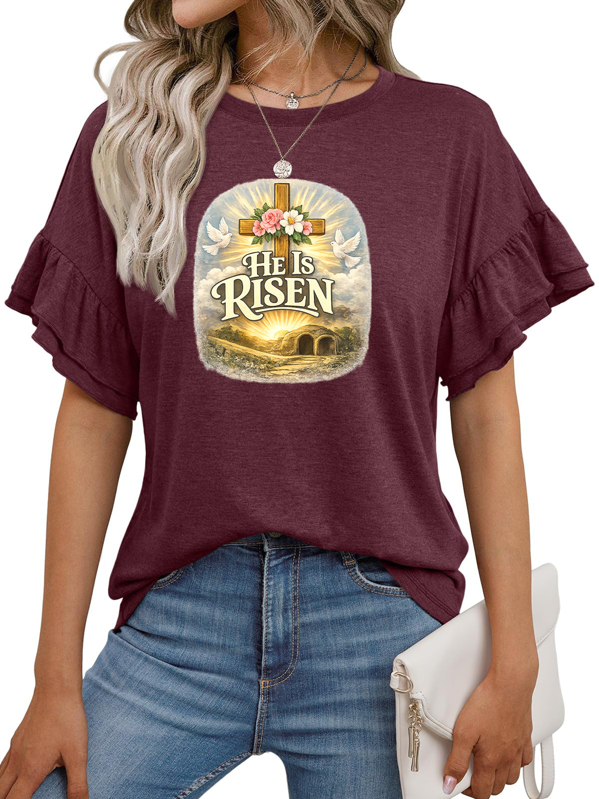 Easter He Is Risen Graphic Ruffle Sleeve Cotton T Shirt