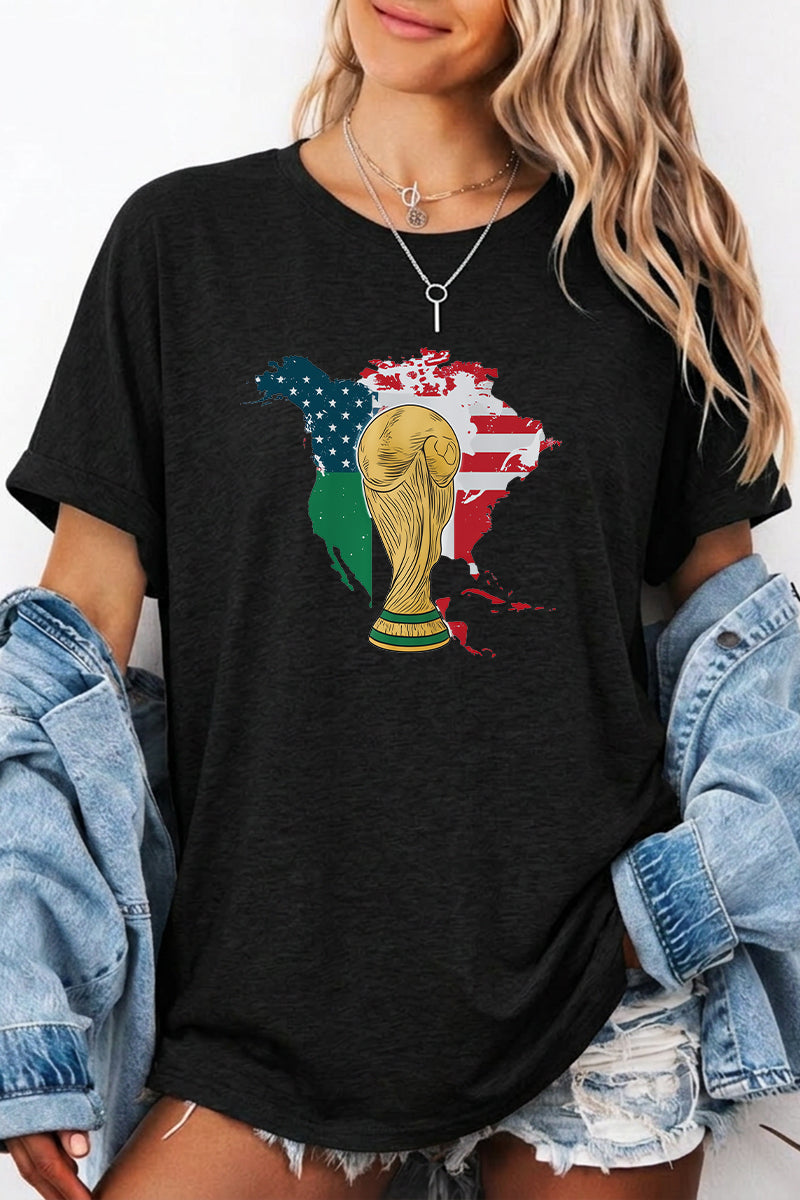 Soccer Trophy Graphic USA Map Casual Loose T Shirt