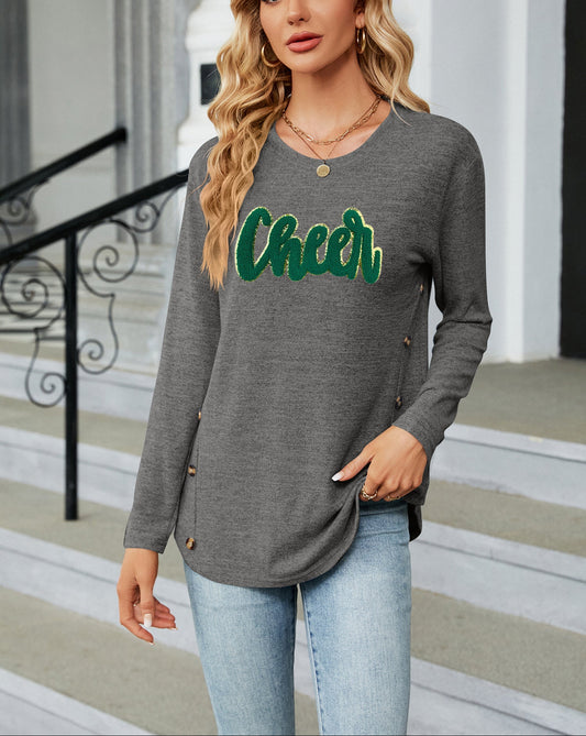 St Patricks Day Green Cheer Sequin Long Sleeve Top