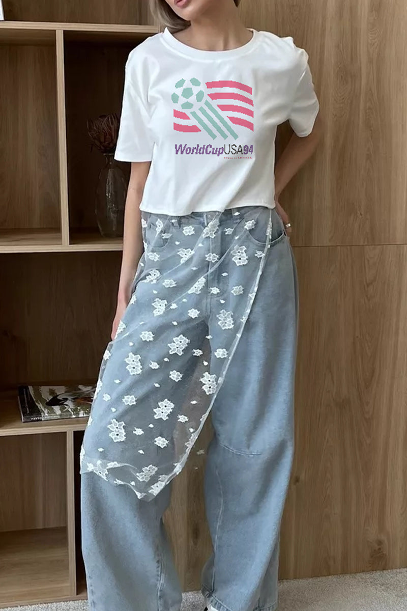 Vintage World Cup USA Graphic Crop Tee Casual Short Sleeve T Shirt
