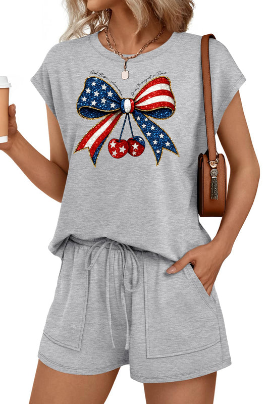 USA Flag Bow Graphic Two Piece Lounge Set Women