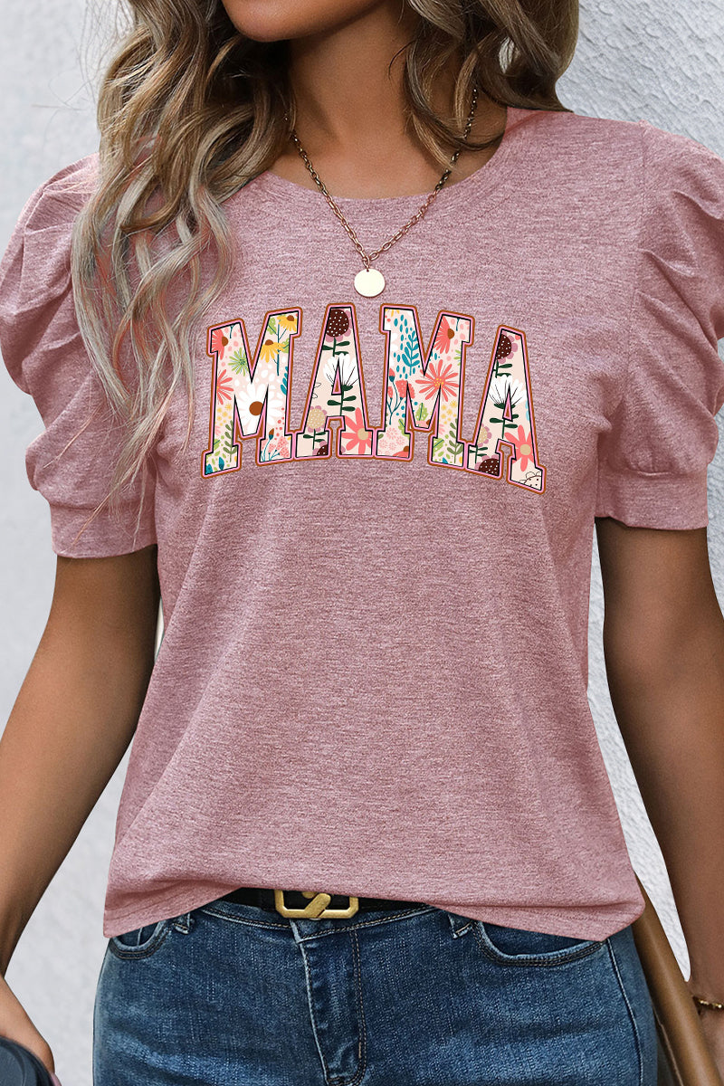 Womens Mothers Day Floral Print Tee Puff Sleeve Crewneck Casual Summer Top