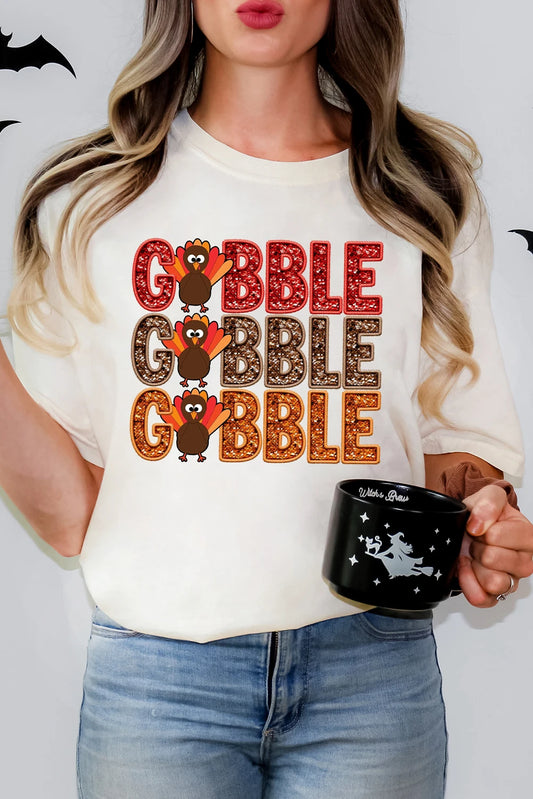 White GOBBLE Thanksgiving Turkey Print T Shirt