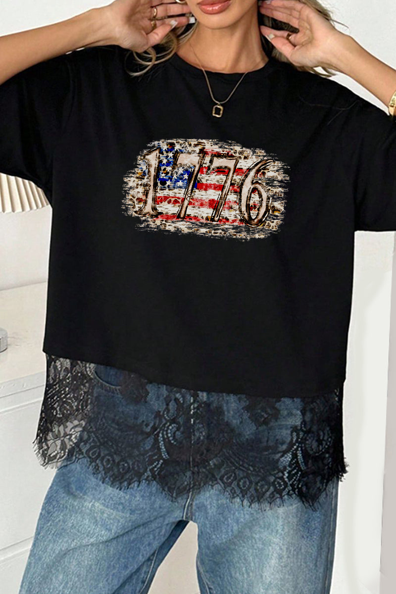 USA 1776 Graphic Tee Lightweight Lace Hem Patriotic Shirt
