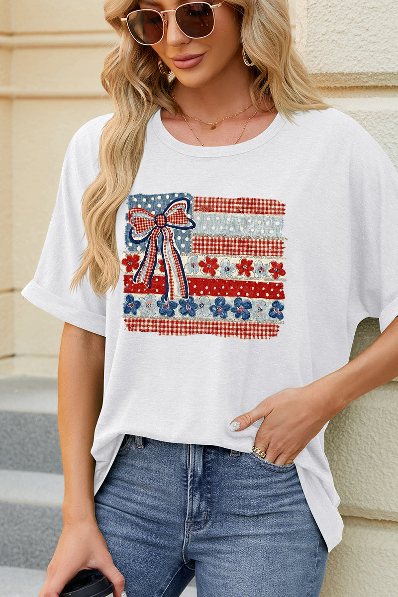 USA Flag Bow Patriotic Tee Women 4th July Graphic Top