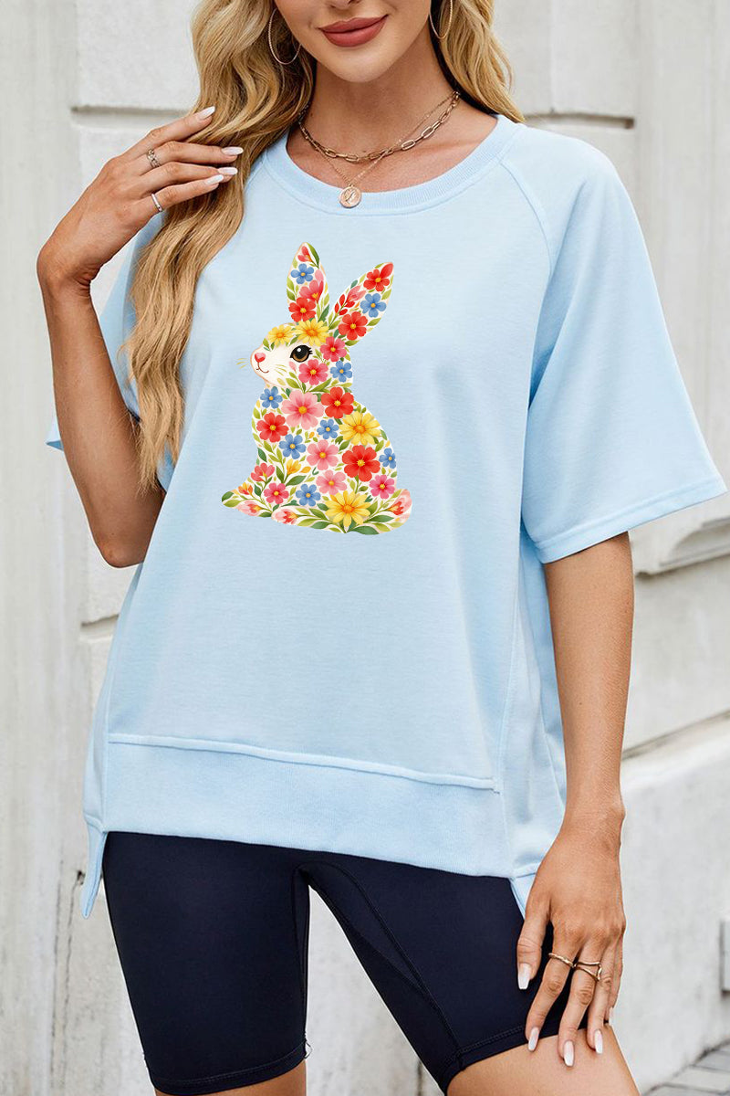 Floral Easter Bunny Graphic Tee Women Spring Casual Top