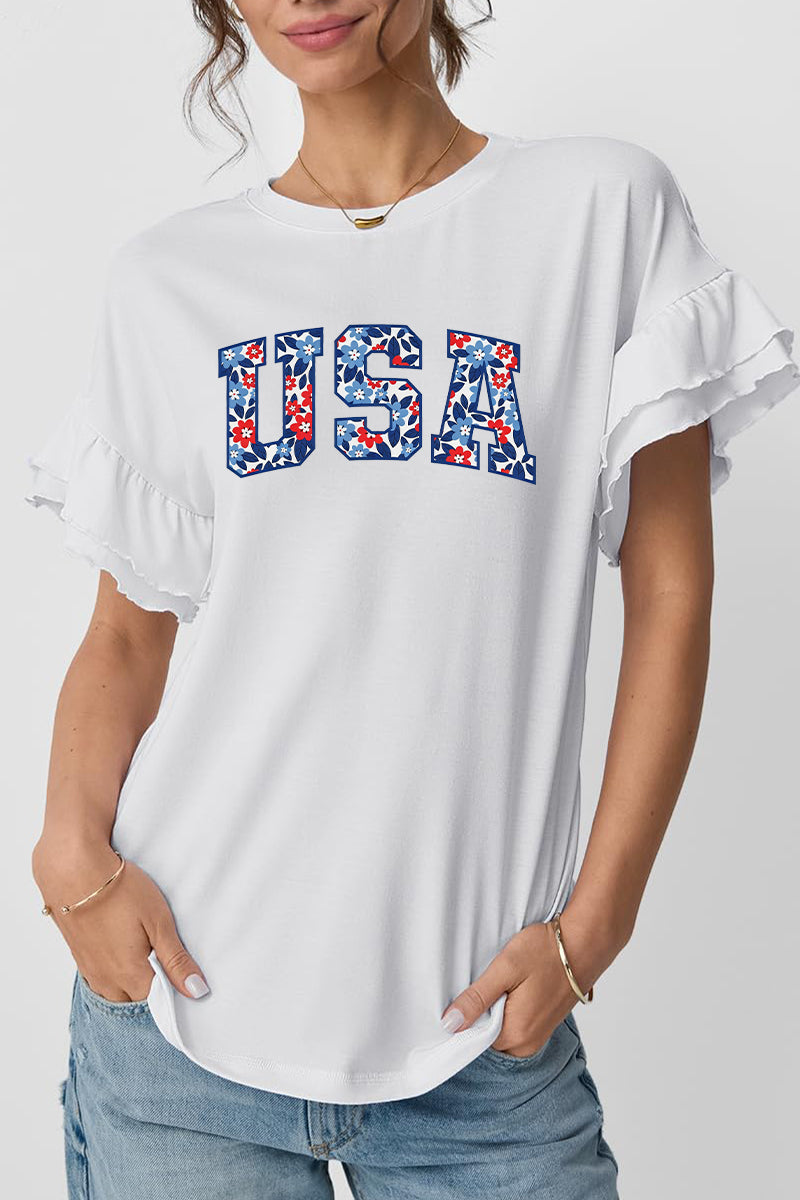 USA Floral Graphic Ruffle Sleeve Tee Patriotic Holiday Top