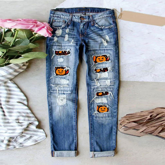 Halloween Print Ripped Distressed Denim Jeans