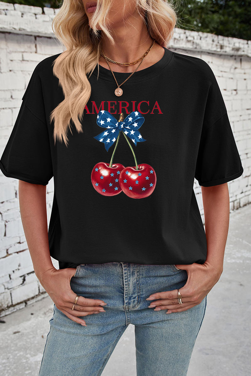 Patriotic Cherry Print Rayon Tee Oversized Casual Top