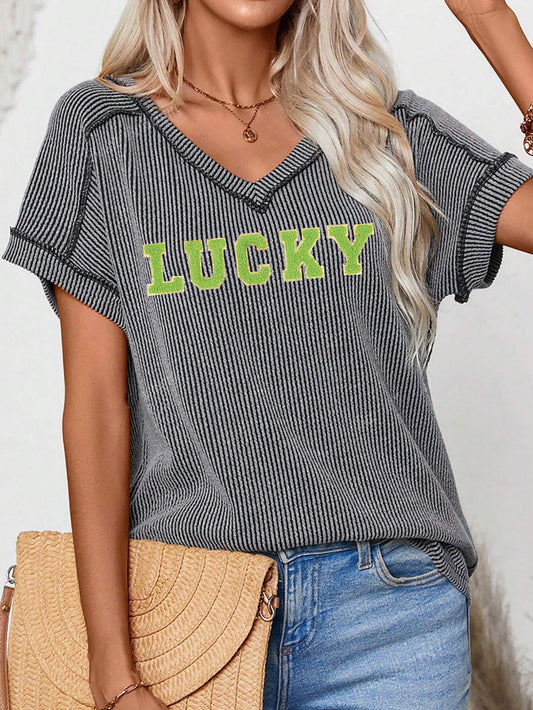 St Patricks Day Lucky V Neck Graphic T-Shirt