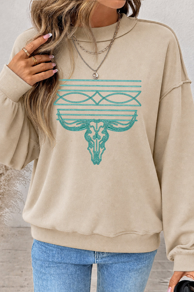 Western Bull Skull Graphic Mock Neck Sweatshirt