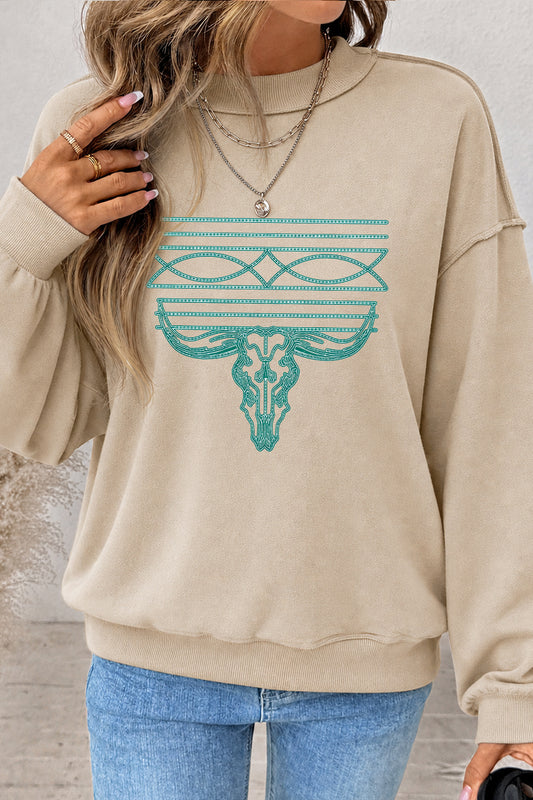Western Bull Skull Graphic Mock Neck Sweatshirt