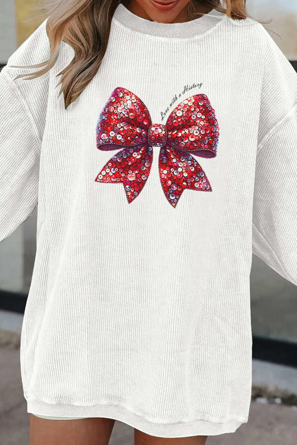 Valentines Day Sequin Bow Graphic Cozy Sweatshirt