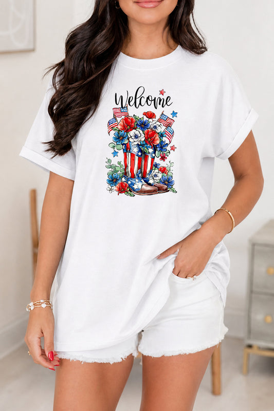 Patriotic Floral Boots Welcome America Graphic Tee