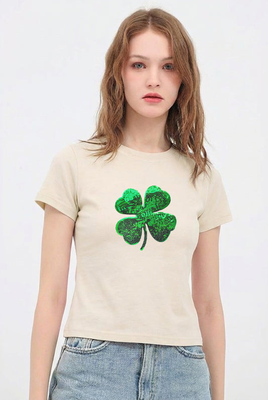 St Patricks Day Sequin Shamrock Crop T-Shirt