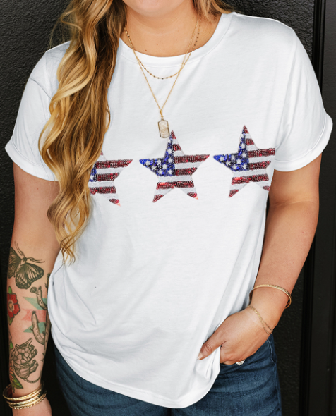 White Sequin USA Flag Inspire Star Graphic Plus Size T Shirt