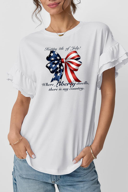 Patriotic Bow Graphic Tee Ruffle Sleeve Top
