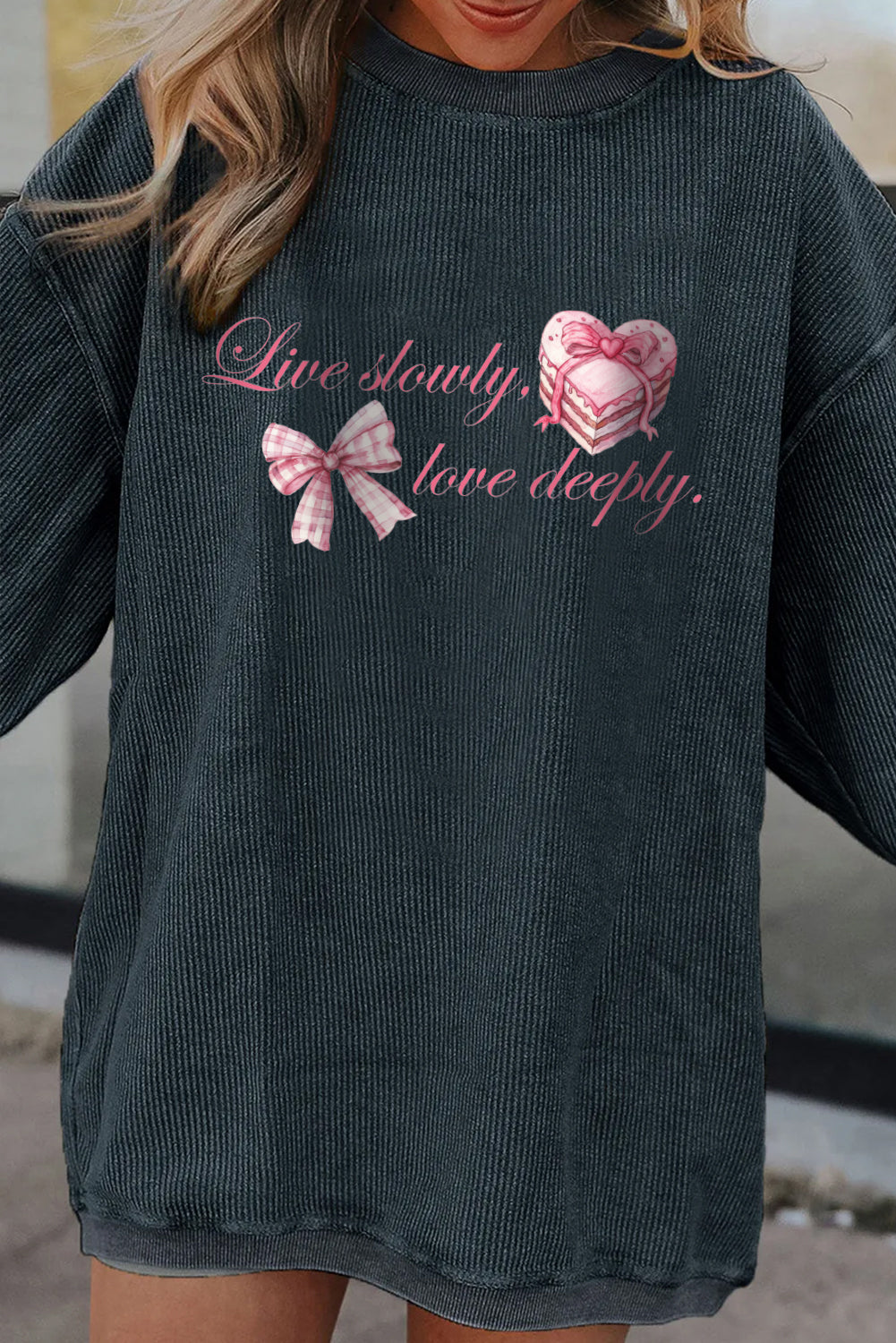 Valentine Bow Heart Corduroy Ribbed Oversized Sweatshirt