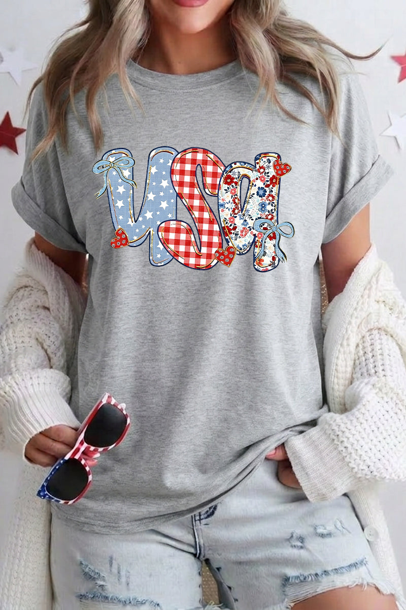 USA Patchwork Heart Graphic Tee Women Fourth of July Top