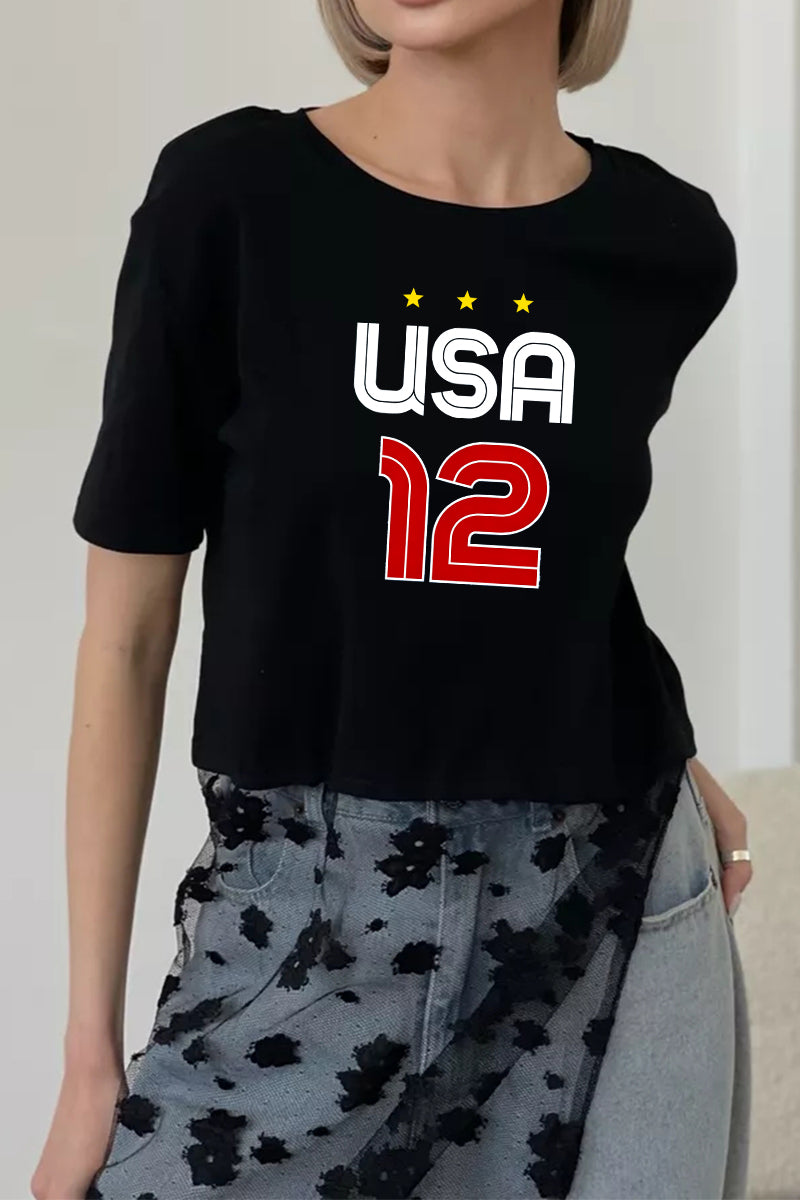 USA 12 Graphic Crop Tee Casual Short Sleeve Patriotic T Shirt Women