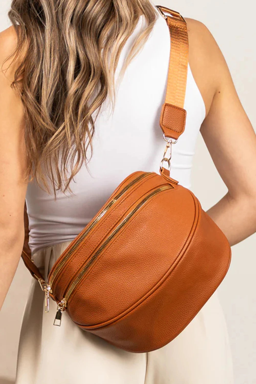 White Double Zip Faux Leather Crossbody Bag