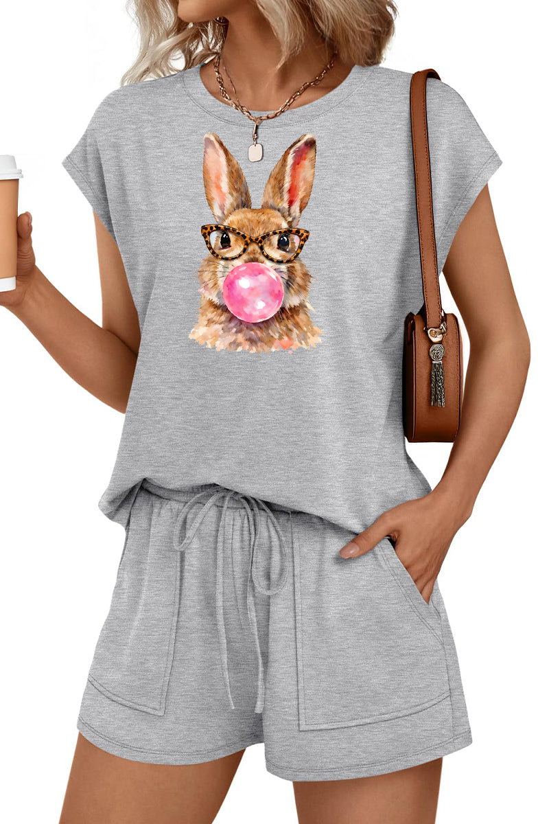 Easter Bunny Graphic Two Piece Shorts Set Women Spring