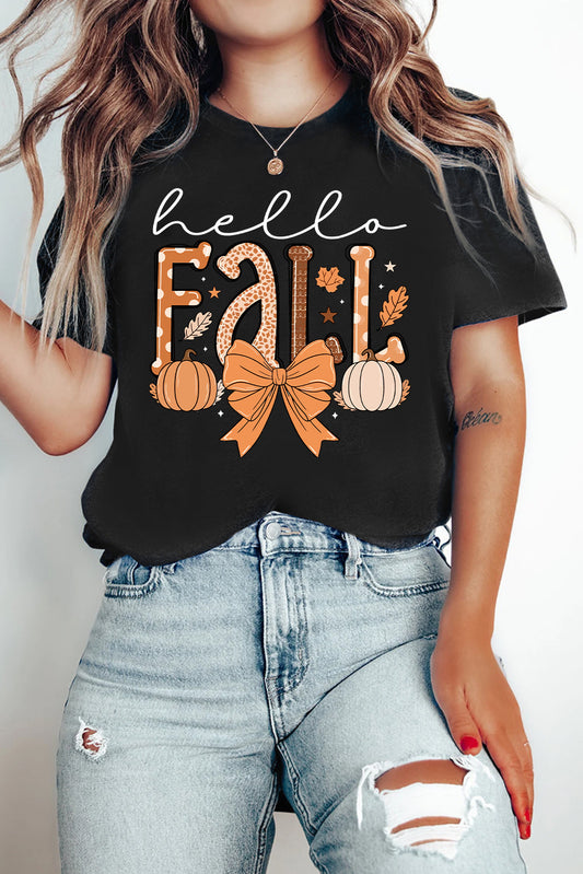 Black Hello Fall Thanksgiving Bow Pumpkin Graphic Tee
