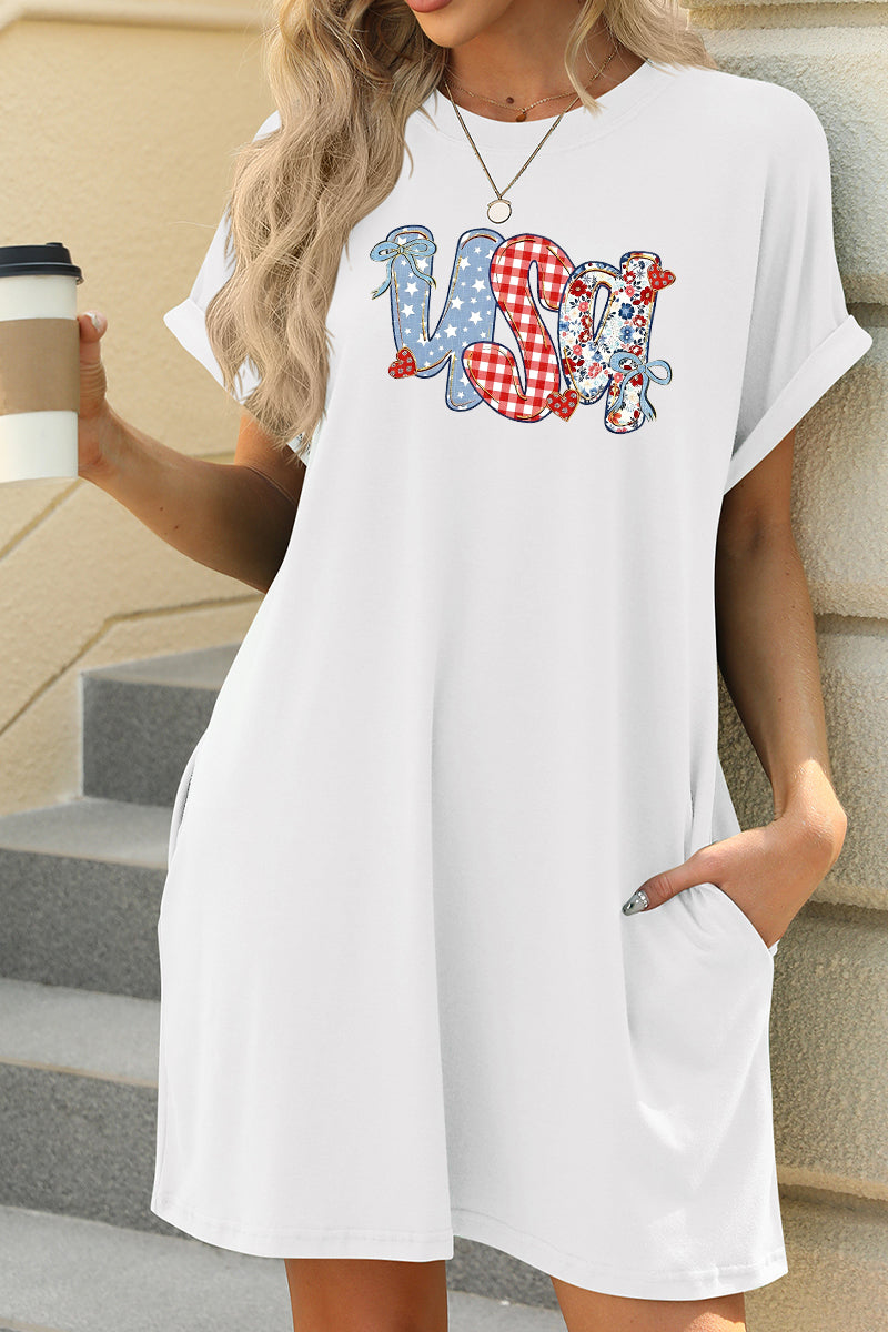 USA Graphic Pocket T Shirt Dress Patriotic Casual