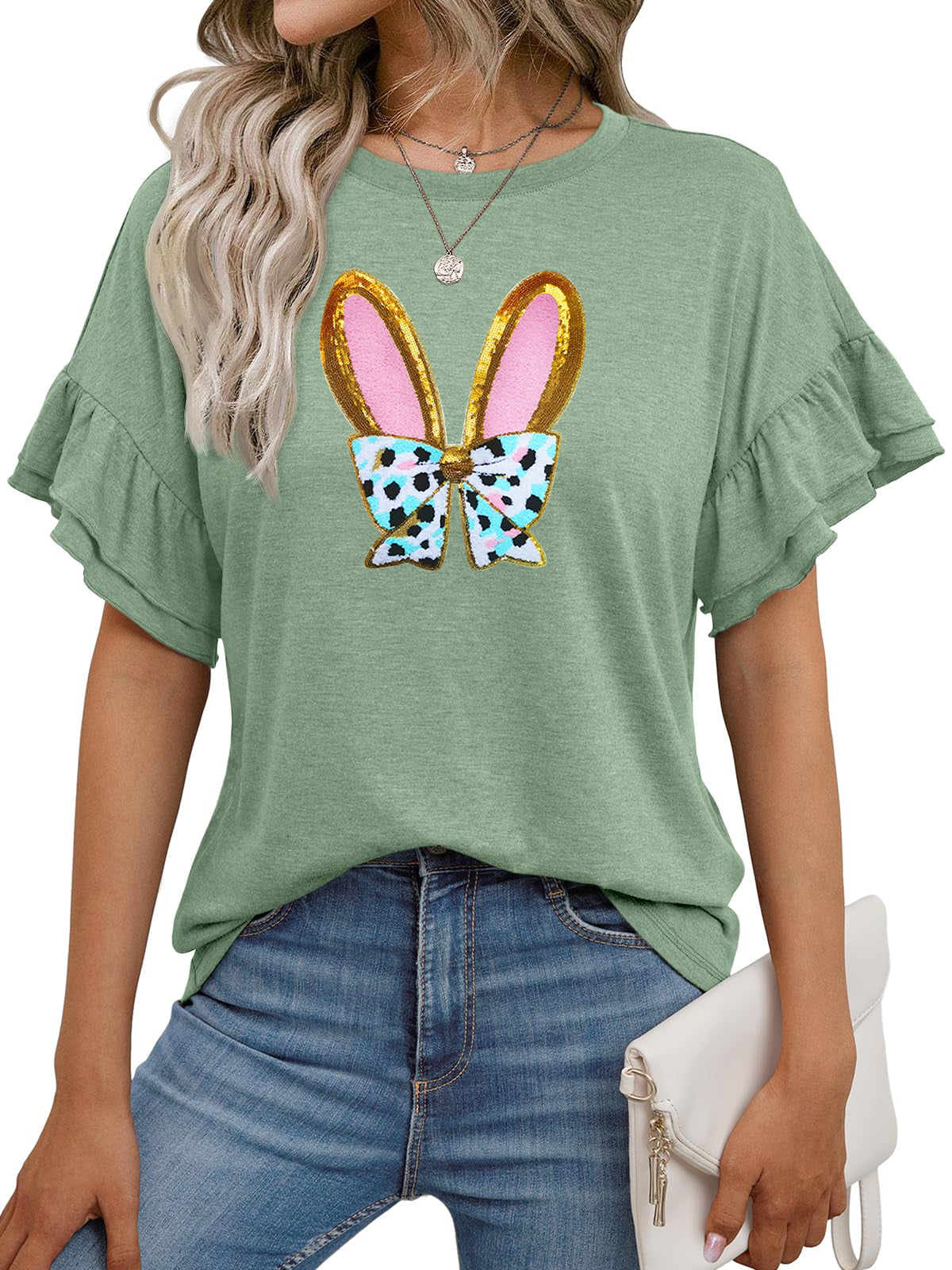 Easter Bunny Graphic Ruffle Sleeve T Shirt