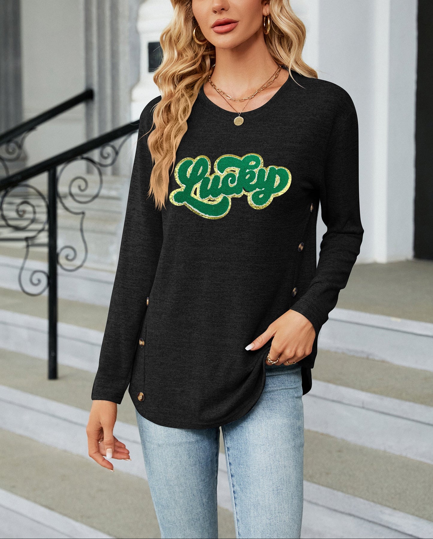 St Patricks Day Lucky Green Sequin Long Sleeve Top