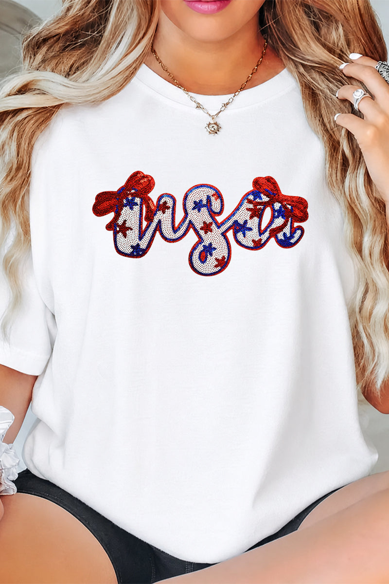 USA Bow Script Independence Day Patriotic Graphic Tee