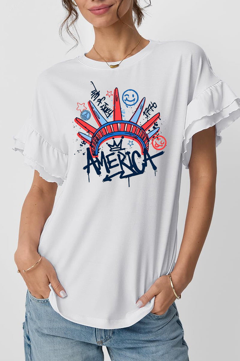 Graffiti Cotton Tee America Graphic Ruffle Sleeve Top